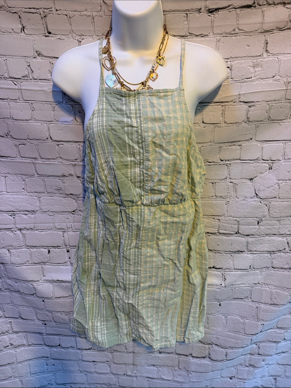 American Eagle Outfitters sage green and white plaid mini dress, size Medium.